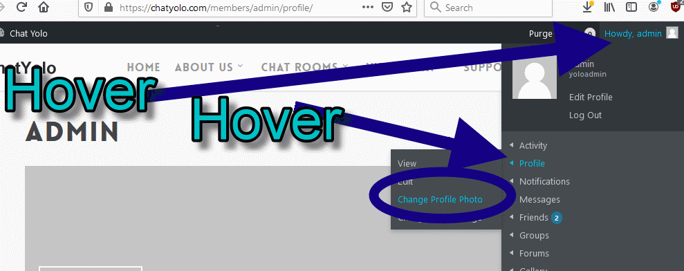 hover location in top bar for choosing to edit or upload a profile picture